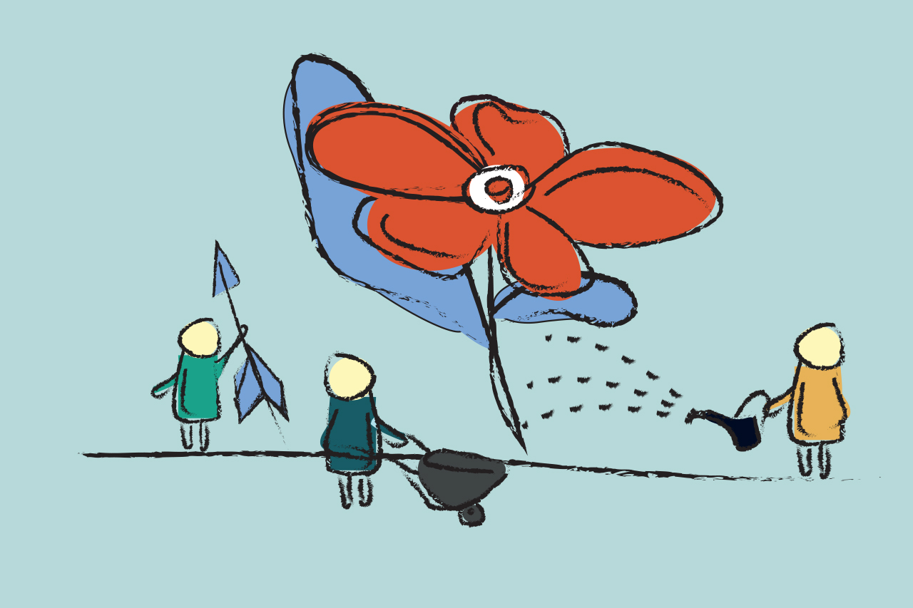 Dorenda-Britten-Principles-Alignment-With-Purpose Illustration of a group of gardeners tending to a giant flower