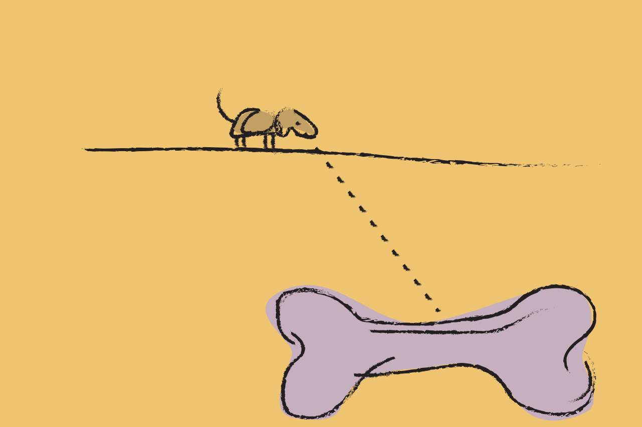 Dorenda-Britten-Principles-Letting-Go Illustration of a dog eyeing a bone